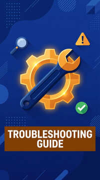 Wrench and gear icon on blue graphic background with vertical layout featuring "TROUBLESHOOTING GUIDE" text