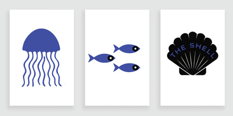 Minimalist jellyfish fish and sea shell linocut vector art set for vertical banners. © zixu