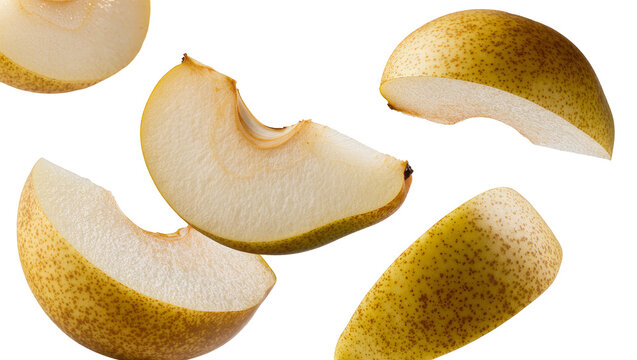 Isolated fresh ripe delicious Asian pear fruit slices arranged in a dynamic composition