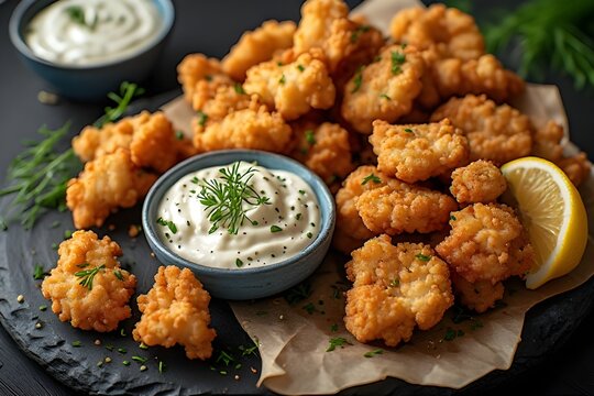 kibbeling (dutch fish nuggets) served with creamy sauce