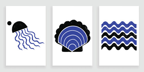 Minimalist jellyfish sea shell and ocean wave linocut vector art set for vertical banners. © zixu
