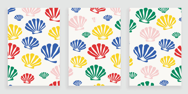 Bright colorful scallop shells seamless patterns vector set for vertical banners.