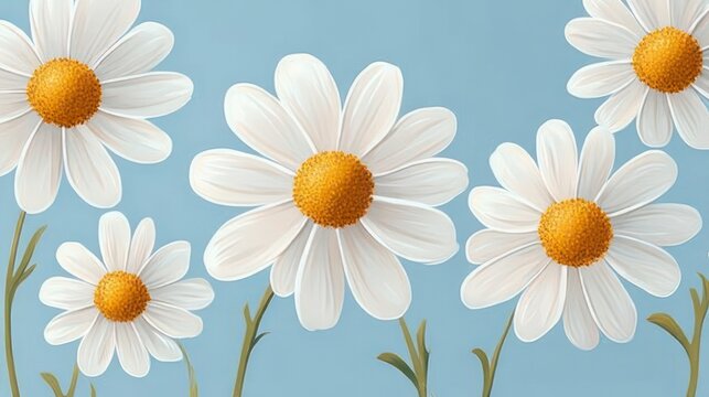 cheerful white daisies with golden centers and slender green stems against a soft blue background, serene and joyful floral scene