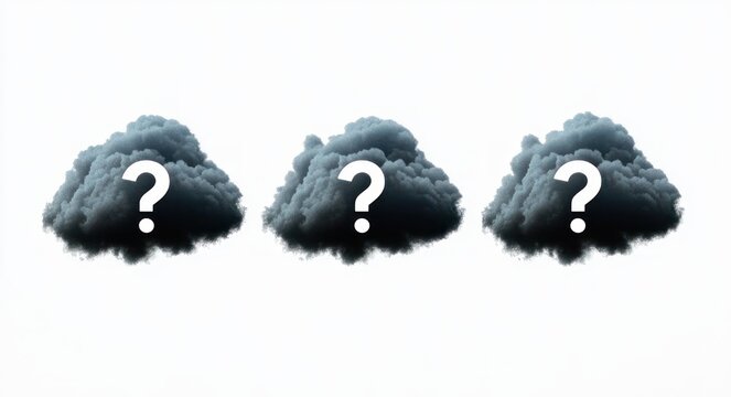 three dark puffy clouds each overlaid with a white question mark on a stark white background, evoking uncertainty and mystery