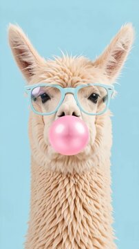 A fluffy llama with glasses and a bubblegum bubble, ready for an entertaining journey. This is perfect for quirky animal-themed content.