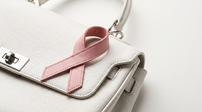 Pink ribbon symbol of breast cancer awareness adorns a white leather handbag, symbolizing support and hope during October campaigns