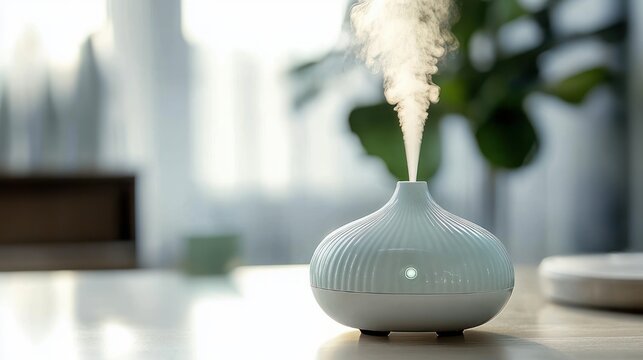 white ceramic aroma diffuser releasing soft mist on a tabletop in a bright cozy living room evoking calm and relaxation