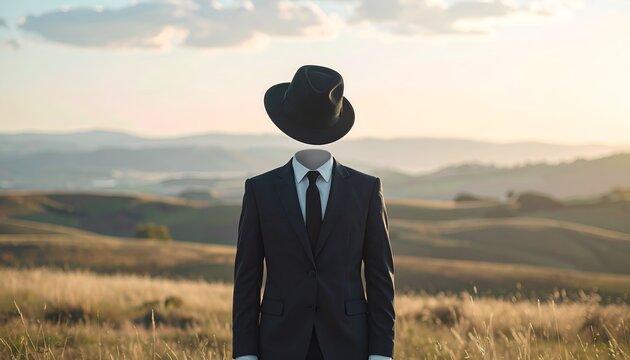 A headless man in a black suit with a floating black fedora hat standing in a vast rural landscape. Concept of anonymity, mystery, invisible person, surrealism, and hidden identity.