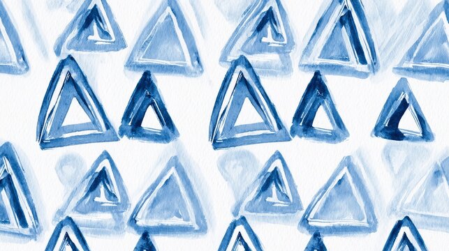Hand-painted blue layered triangles repeat with soft watercolor texture