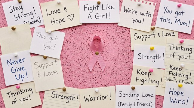 Breast Cancer Awareness Month messages of support and hope with pink ribbon on corkboard