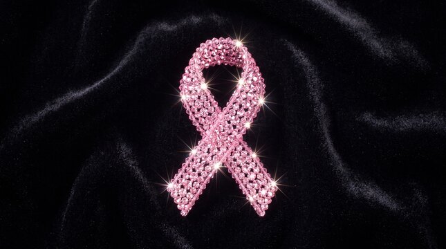 Sparkling Pink Ribbon Brooch on Black Velvet Background Symbolizing Breast Cancer Awareness and Support