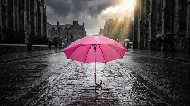 Pink umbrella stands alone on wet cobblestone street during rainy day with sunbeams breaking through clouds