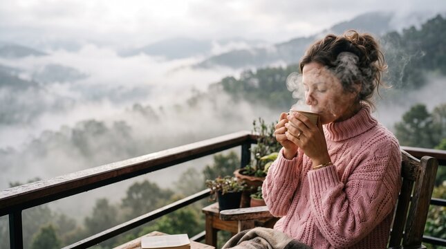 Woman in pink sweater enjoying hot beverage on misty mountain balcony during October awareness month