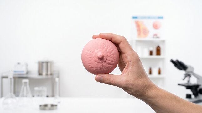 Hand holding pink breast cancer awareness model in medical laboratory setting promoting October awareness month