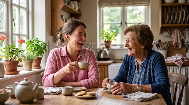Two women of different generations sharing laughter and coffee in a cozy kitchen setting, symbolizing connection and warmth