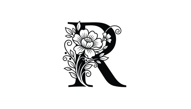 Elegant monogram of uppercase letter r decorated with stylized floral blooms, delicate leaves, and swirls in black line art on a white background.