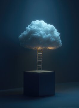 Surreal image depicting a wooden ladder reaching from a glowing box into a fluffy cloud in a dark, atmospheric setting
