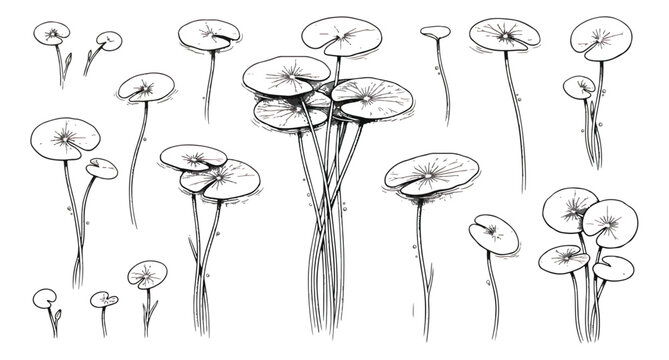 Vintage botanical lily pad sketches, hand drawn water lily leaf collection, black and white aquatic plant vector set on white background