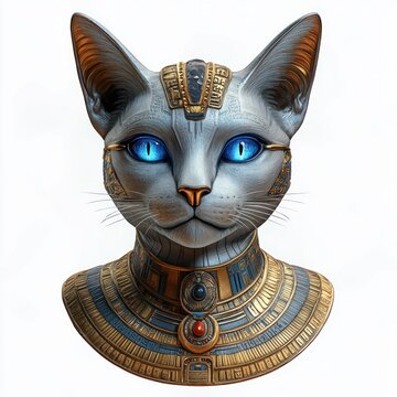 Regal cat bust with tall ears and visible whiskers wearing an ornate golden Egyptian broad collar with blue and red jewels, mysterious obscured face, calm dignified expression