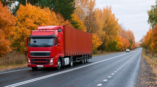 Red semi truck with cargo container driving on autumn highway surrounded by colorful fall foliage trees