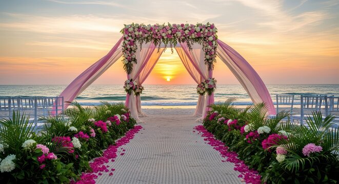 Elegant outdoor wedding arch with floral decorations. Romantic ceremony setup at sunset with vibrant flowers and draped fabric, perfect for wedding...