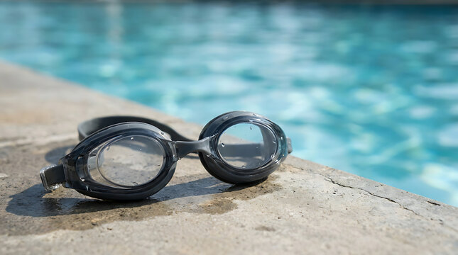 Black swimming goggles placed on the concrete edge of a blue water outdoor swimming pool on a bright sunny summer day