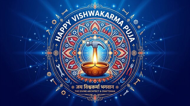 Happy Vishwakarma Puja Vector Greeting Banner with Divine Tools, Traditional Diya, Rangoli Mandala Pattern, and Hindi Calligraphy Text