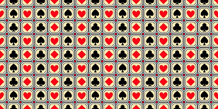 ​Seamless casino playing card suits vector pattern with hearts, spades, clubs, and diamonds in vintage frame grid style for poker wallpaper background.