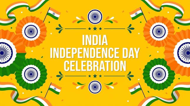 India Independence Day Celebration Vector Banner: Saffron, White, & Green Decorative Elements on Yellow Background - August 15th, Republic Day, Tricolor Flags, Ashoka Chakra Rosettes, Ornaments"