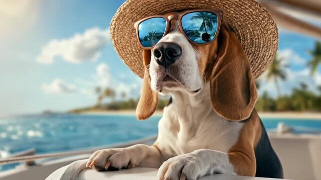 A beagle dog wears a straw hat and sunglasses while relaxing on a boat with a tropical beach in the background. Summer vacation travel concept.