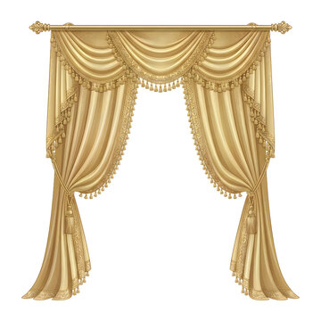Elegant beige draped window curtain with swag design isolated on white background
