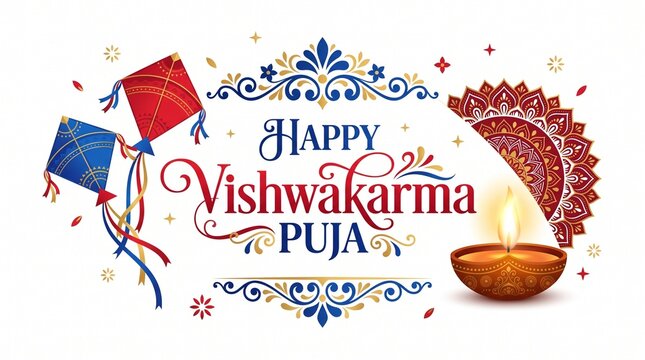 Happy Vishwakarma Puja Greeting Banner Vector Design with Kites, Diya, and Mandala Ornament