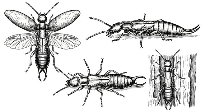 Illustration of Earwigs in Different Poses and Stages