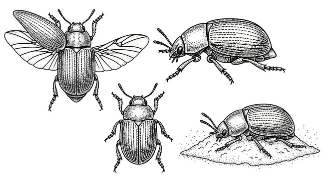 Illustration of Grain Weevils and Beetles in Various Poses