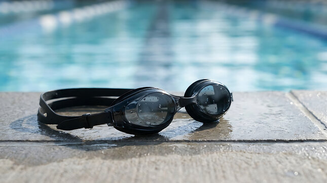 Close-up of sleek black swimming goggles resting on the damp concrete edge of a pristine swimming pool, with the shimmering blue water in the background, ready for an invigorating swim
