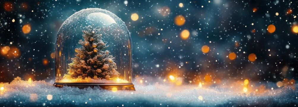 miniature illuminated evergreen inside a glass snow globe on snowy surface with falling snowflakes and warm golden bokeh lights, evoking cozy festive wonder
