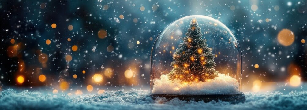 glass snow globe with an illuminated miniature pine tree surrounded by falling snow on a snowy surface, warm glowing bokeh lights creating a cozy magical atmosphere