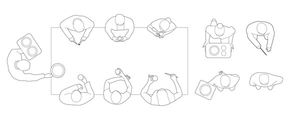 set of people dining in restaurant top view. plan drawings outline illustration for architectural. black minimalist  continuous line art illustration. © SR