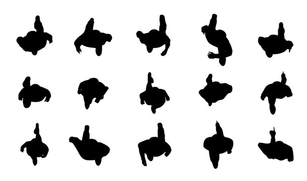 set of people walking top view in city silhouette for architectural. typical walking pose, black shadow plan vector illustration.