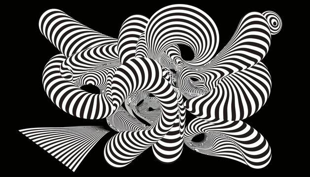 Abstract optical illusion sculpture with black and white stripes.