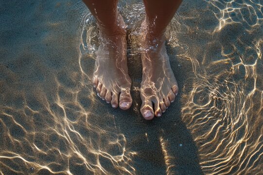bare feet standing in shallow clear water on sand with sunlight reflections and gentle ripples, evoking calm and relaxation