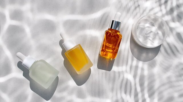 Bottle with for serum, oil, emulsion and reflections sunlight in slow motion. Drop shadow effect with wave refraction of light. Sun and shadows. Layout for advertising goods, cosmetic products. 4k 