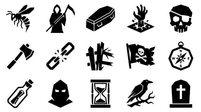 Vector silhouette icons of death and danger elements on white background with copy space