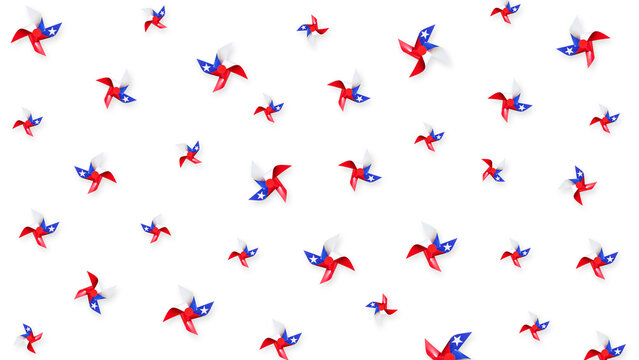 Patriotic pinwheels floating on a clean white background, creating an abstract american flag pattern