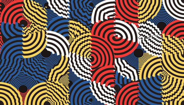 Abstract geometric pattern with concentric circles in primary colors