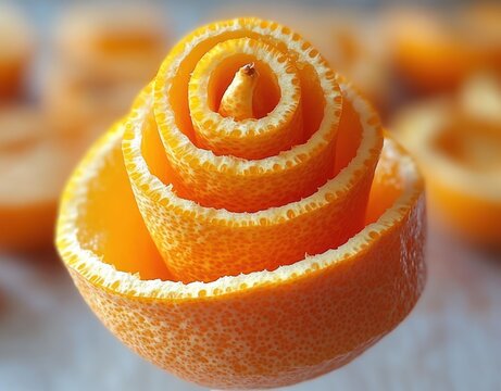 spiral orange peel arranged into a rose-like curl with textured close-up and blurred citrus halves in the background, bright fresh and vibrant composition