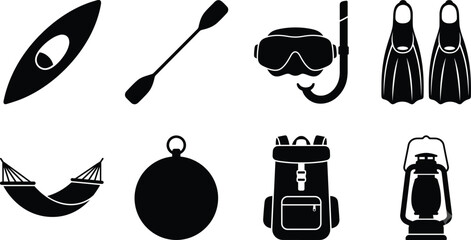 Outdoor camping and water sports silhouette vector icons set featuring kayak diving mask backpack and lantern © Abdul