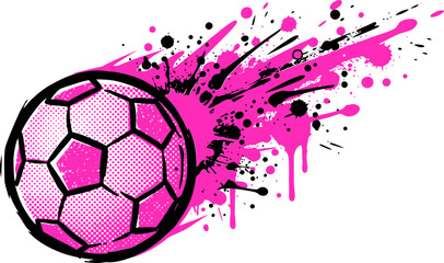 Pink soccer ball vector with grunge paint splash, vibrant football with ink splatter trail, athletic sports graphic for girls apparel