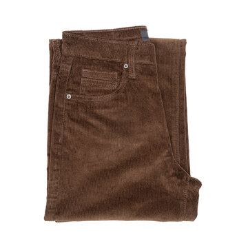 Stylish and comfortable casual corduroy trousers laid out on a flat surface against a white background. Corduroy fabric. Perfect for fashion blogs, textile, apparel, and fashion advertising.