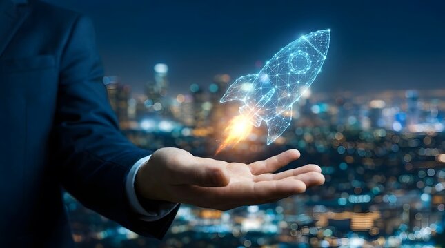 Business hand holding digital rocket launching innovation. Futuristic tech startup concept with glowing global network growth.